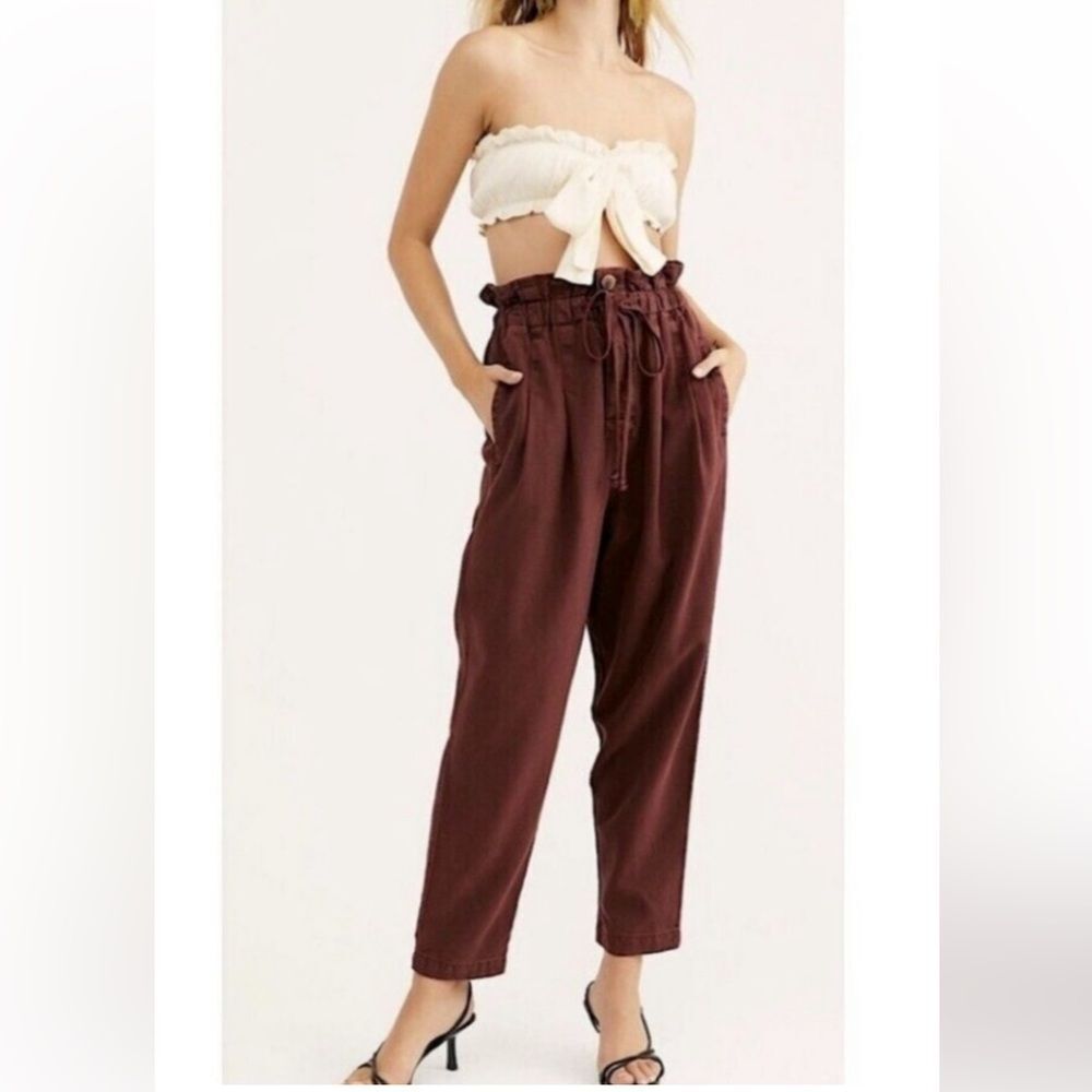 Free People barrel pants pleated paperbag high waisted trousers , sz S burgundy